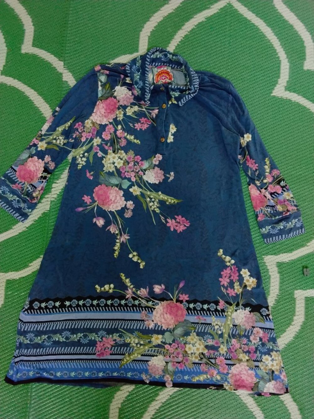 Johnny Was multicolored floral collared 3/4 sleeve high low bamboo dress M/L